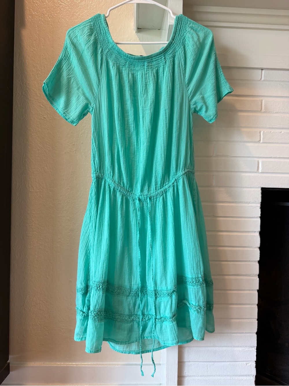 GAP Aqua Cotton Gauze Boho Dress Women’s Medium Crochet Trim Short Sleeve